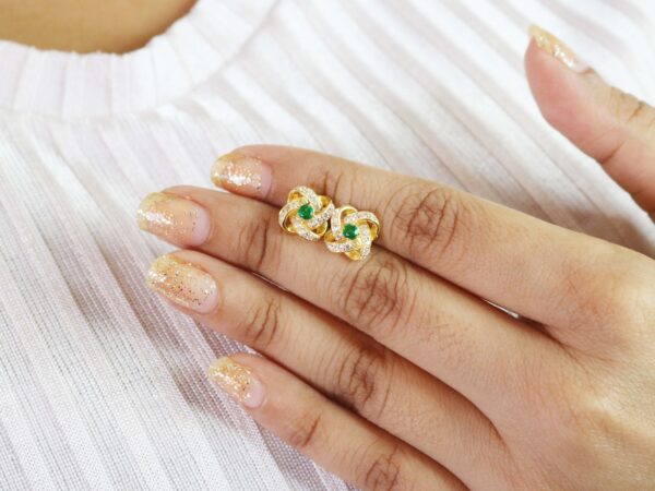 Natural Emerald With Real Diamond Floral 14k Yellow Gold Stud Earrings - Image 2