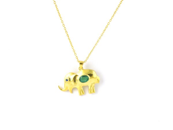 Natural Emerald Elephant 14k Yellow Gold Pendant Necklace - Image 3