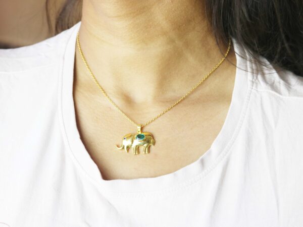 Natural Emerald Elephant 14k Yellow Gold Pendant Necklace - Image 4