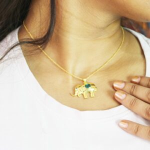 Natural Emerald Elephant 14k Yellow Gold Pendant Necklace