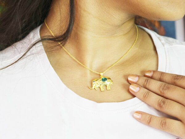 Natural Emerald Elephant 14k Yellow Gold Pendant Necklace