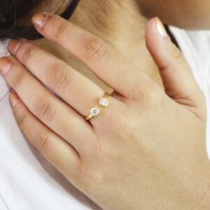 Moissanite Two Gemstone 14k Solid Yellow Gold Stacking Promise Ring