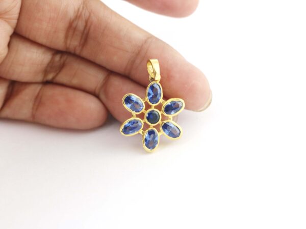 Blue Sapphire 14k Solid Yellow Gold Flower Pendant Necklace For Women - Image 9