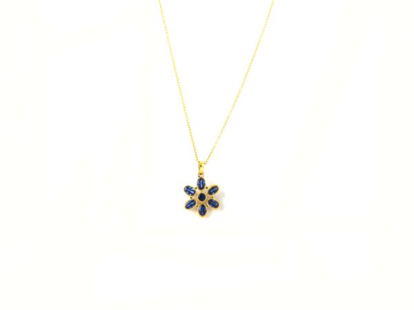 Blue Sapphire 14k Solid Yellow Gold Flower Pendant Necklace For Women - Image 5