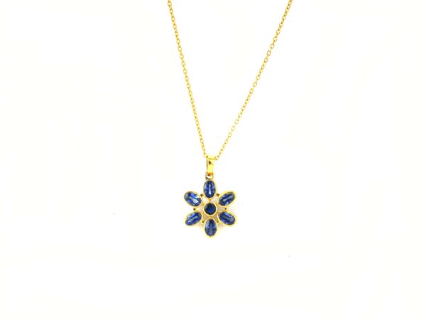Blue Sapphire 14k Solid Yellow Gold Flower Pendant Necklace For Women - Image 4