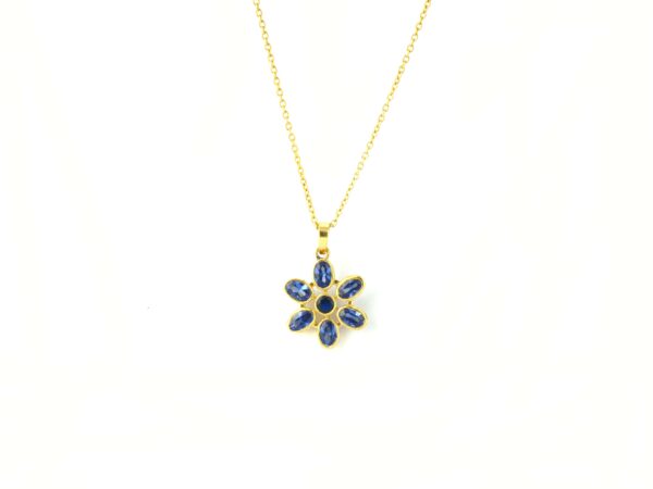 Blue Sapphire 14k Solid Yellow Gold Flower Pendant Necklace For Women - Image 6