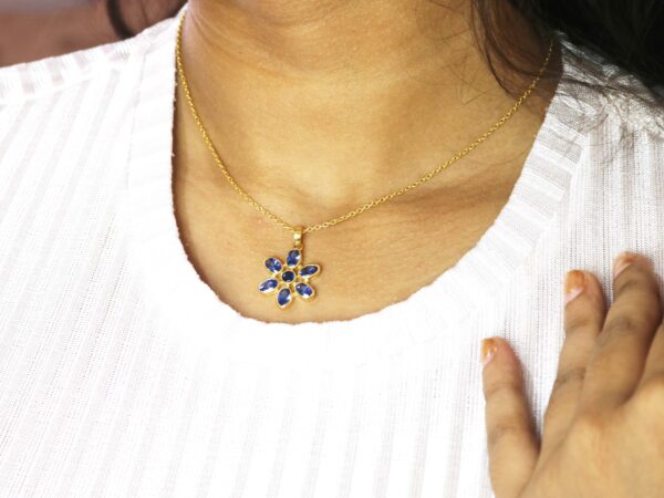 Blue Sapphire 14k Solid Yellow Gold Flower Pendant Necklace For Women - Image 3