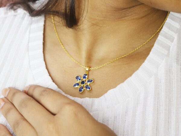 Blue Sapphire 14k Solid Yellow Gold Flower Pendant Necklace For Women - Image 2