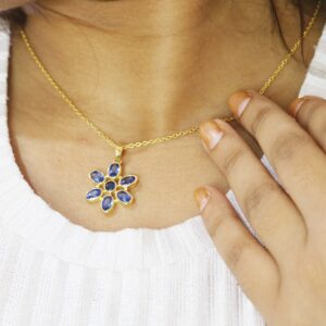 Blue Sapphire 14k Solid Yellow Gold Flower Pendant Necklace For Women