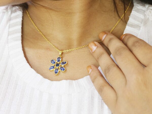 Blue Sapphire 14k Solid Yellow Gold Flower Pendant Necklace For Women