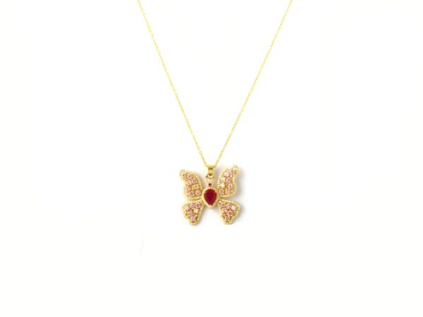 Natural Ruby 14k Yellow Gold Pink Tourmaline Butterfly Pendant Necklace - Image 9