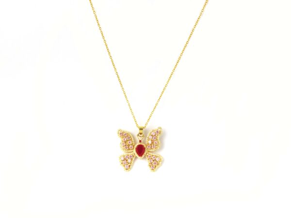 Natural Ruby 14k Yellow Gold Pink Tourmaline Butterfly Pendant Necklace - Image 3