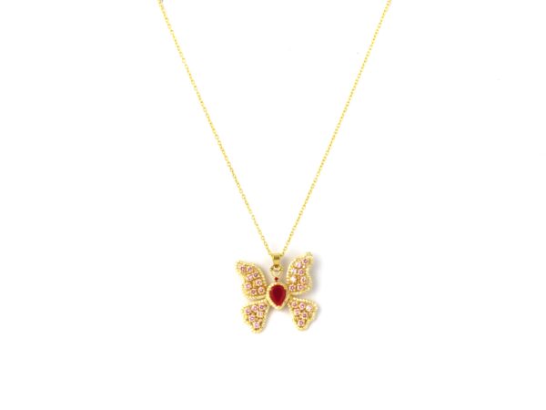 Natural Ruby 14k Yellow Gold Pink Tourmaline Butterfly Pendant Necklace - Image 7