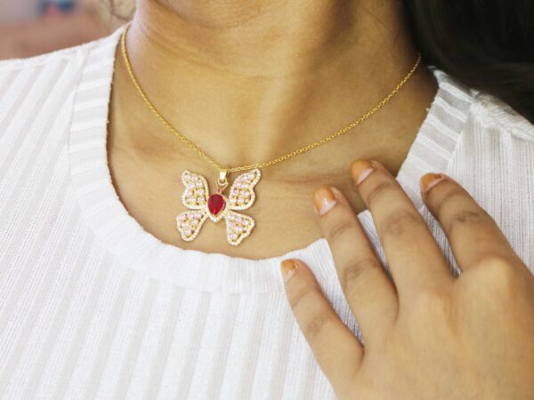 Natural Ruby 14k Yellow Gold Pink Tourmaline Butterfly Pendant Necklace - Image 6