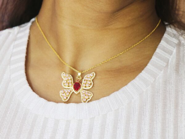 Natural Ruby 14k Yellow Gold Pink Tourmaline Butterfly Pendant Necklace - Image 4