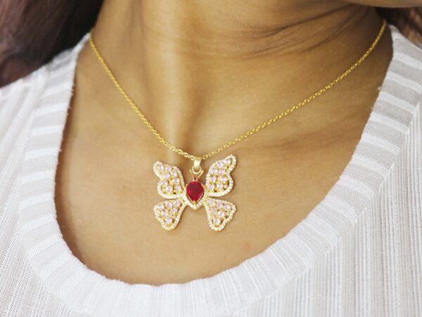Natural Ruby 14k Yellow Gold Pink Tourmaline Butterfly Pendant Necklace - Image 2