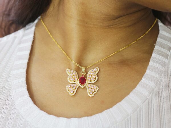Natural Ruby 14k Yellow Gold Pink Tourmaline Butterfly Pendant Necklace - Image 5