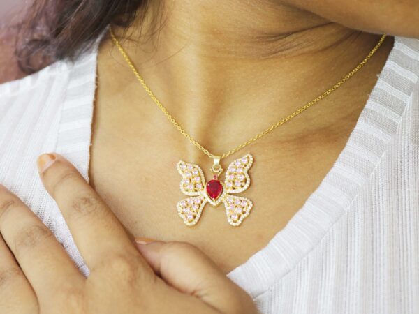 Natural Ruby 14k Yellow Gold Pink Tourmaline Butterfly Pendant Necklace