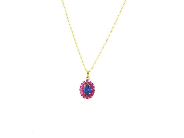 Blue Sapphire And Ruby Oval 14k Yellow Gold Necklace For Women - Image 3