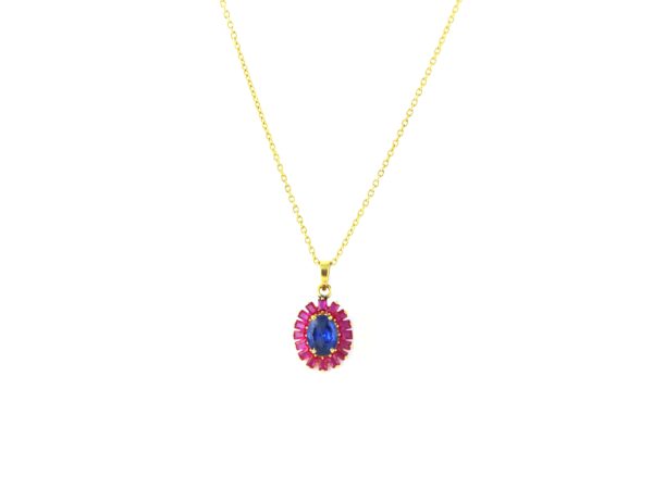 Blue Sapphire And Ruby Oval 14k Yellow Gold Necklace For Women - Image 2
