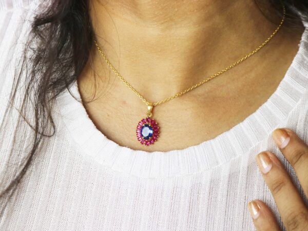 Blue Sapphire And Ruby Oval 14k Yellow Gold Necklace For Women - Image 7