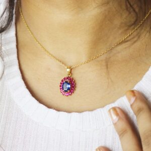 Blue Sapphire And Ruby Oval 14k Yellow Gold Necklace For Women