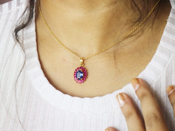 Blue Sapphire And Ruby Oval 14k Yellow Gold Necklace For Women