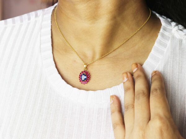 Blue Sapphire And Ruby Oval 14k Yellow Gold Necklace For Women - Image 9
