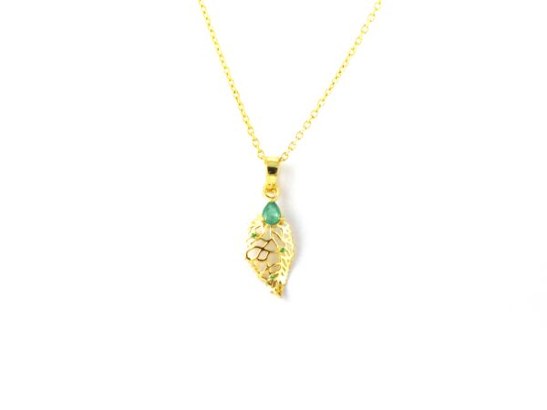 14k Yellow Gold Natural Emerald May Birthstone Leaf Design Minimalist Pendant Necklace - Image 5