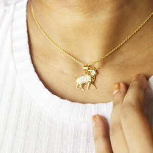 18k Solid Yellow Gold Diamond Goat Animal Pendant Necklace For Women