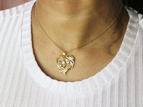 14k Solid Yellow Gold Natural Diamond Mother & Child Pendant Necklace Gift - Image 4
