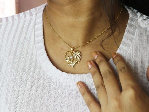 14k Solid Yellow Gold Natural Diamond Mother & Child Pendant Necklace Gift - Image 2