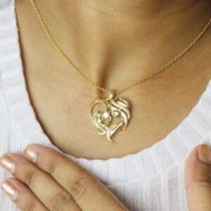 14k Solid Yellow Gold Natural Diamond Mother & Child Pendant Necklace Gift
