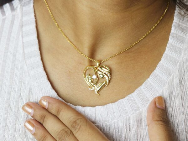 14k Solid Yellow Gold Natural Diamond Mother & Child Pendant Necklace Gift