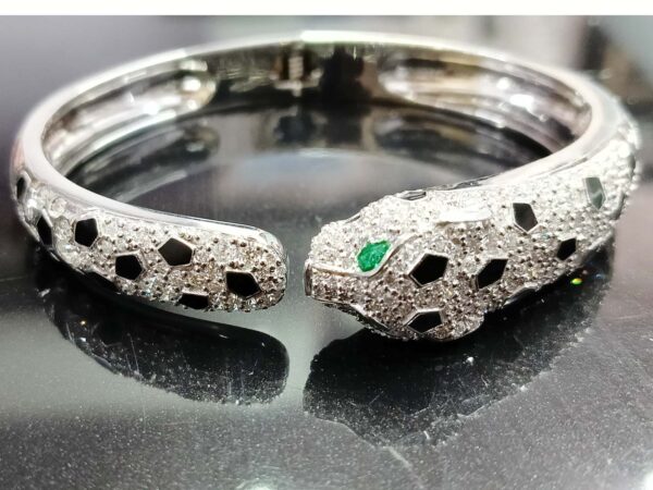 14k White Gold Diamond & Emerald Panther Cuff Bracelet - Image 6