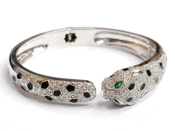 14k White Gold Diamond & Emerald Panther Cuff Bracelet - Image 7