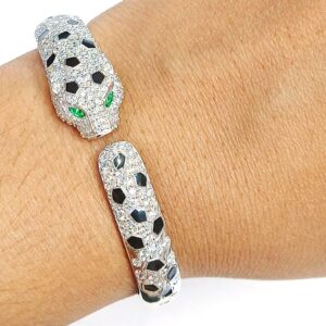 14k White Gold Diamond & Emerald Panther Cuff Bracelet