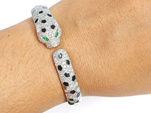 14k White Gold Diamond & Emerald Panther Cuff Bracelet