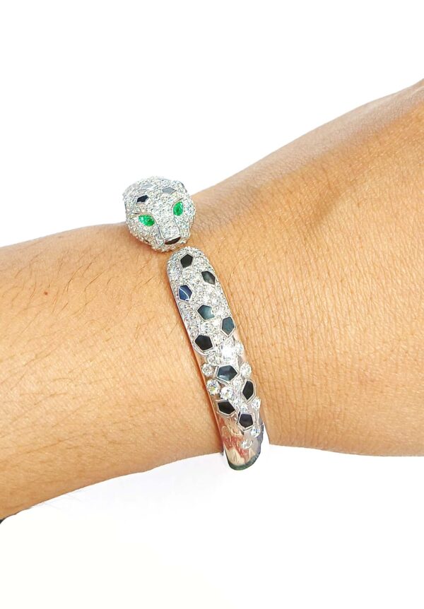14k White Gold Diamond & Emerald Panther Cuff Bracelet - Image 11