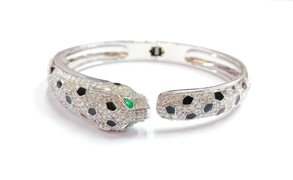 14k White Gold Diamond & Emerald Panther Cuff Bracelet - Image 12