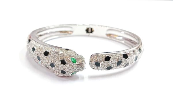 14k White Gold Diamond & Emerald Panther Cuff Bracelet - Image 13
