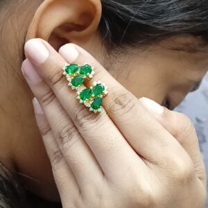 Natural Emerald With Real Diamond 14k Yellow Gold Stud Earrings