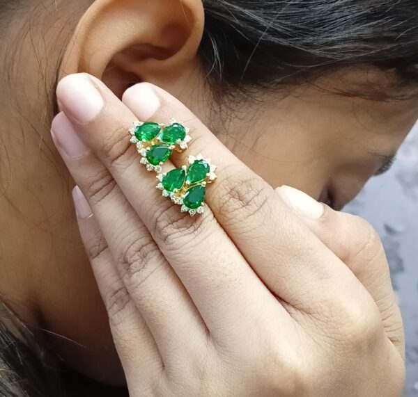 Natural Emerald With Real Diamond 14k Yellow Gold Stud Earrings