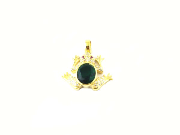 14k Yellow Gold Natural Emerald with Diamond and Ruby Frog Animal Pendant Necklace - Image 8