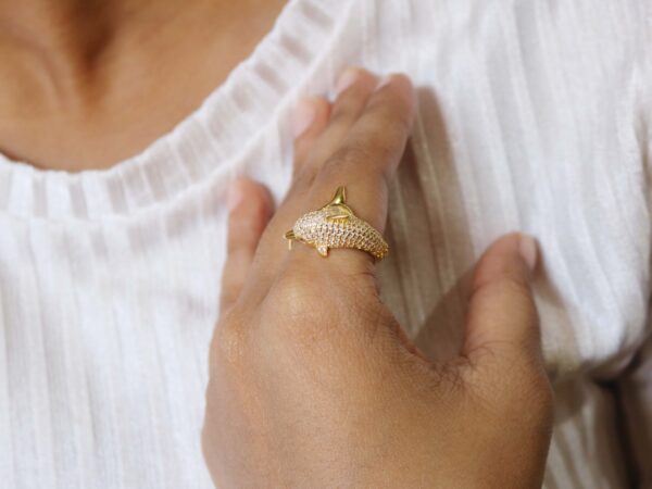 Diamond Dolphin with Ruby Gemstone 14k Yellow Gold Animal Ring Gift - Image 2
