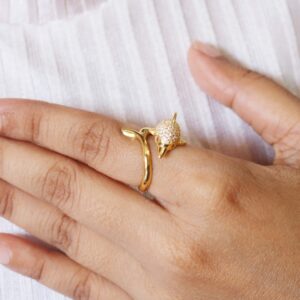 Diamond Dolphin with Ruby Gemstone 14k Yellow Gold Animal Ring Gift