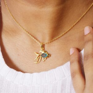 Natural Blue Topaz 14k Solid Yellow Gold Fish Pendant Necklace For Women Gift