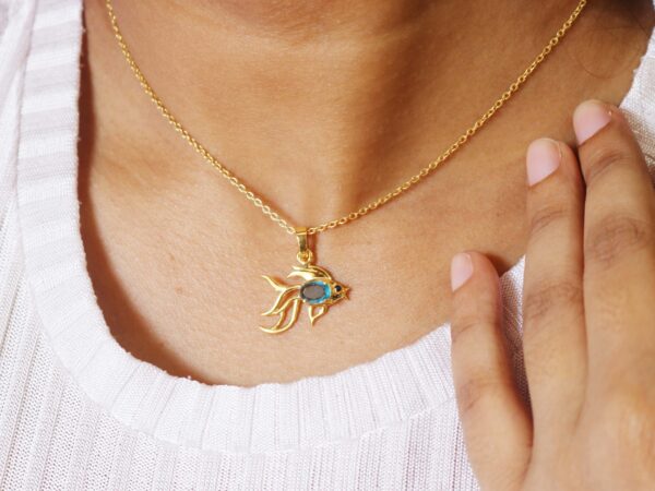 Natural Blue Topaz 14k Solid Yellow Gold Fish Pendant Necklace For Women Gift