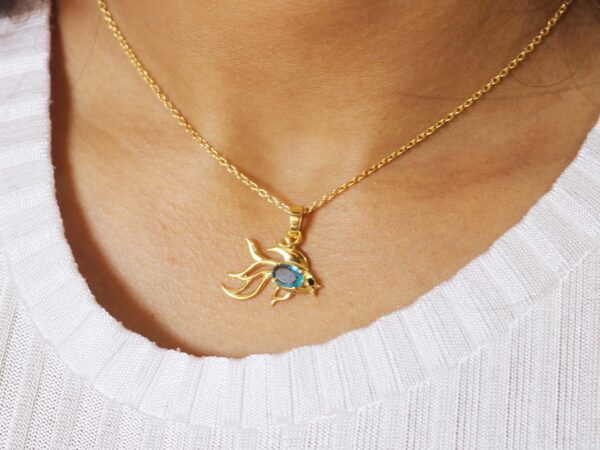 Natural Blue Topaz 14k Solid Yellow Gold Fish Pendant Necklace For Women Gift - Image 2