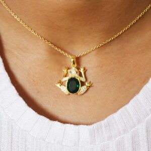 14k Yellow Gold Natural Emerald with Diamond and Ruby Frog Animal Pendant Necklace